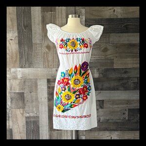 White fiesta dress medium floral embroidery festival boho sunflower garden party